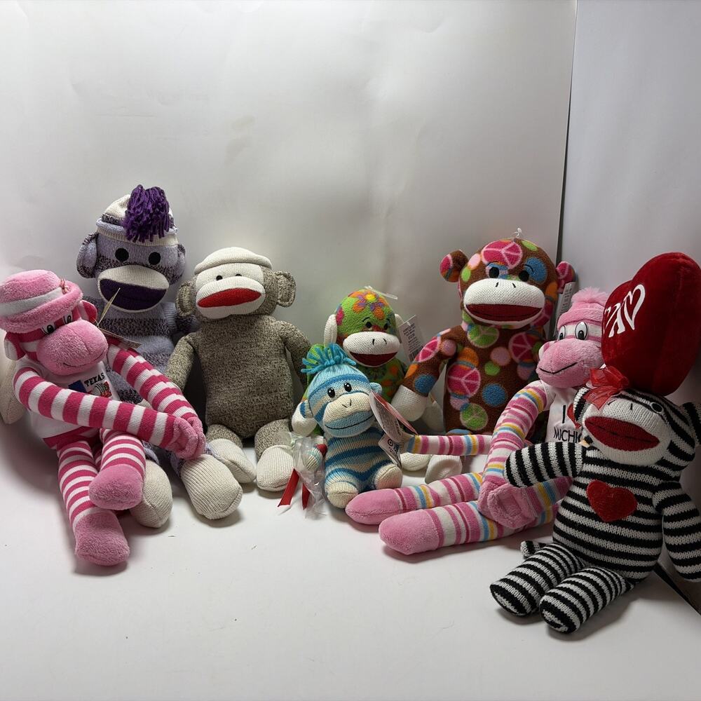 Lot of 8 Mixed Sock Monkey Plush Collection New With Tags
